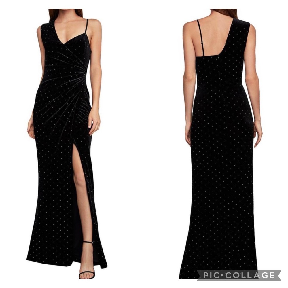 NEW BCBGMAXAZRIA SIZE XL VELVET STRETCH STUDDED ASYMMETRICAL STRAP SLIT DRESS